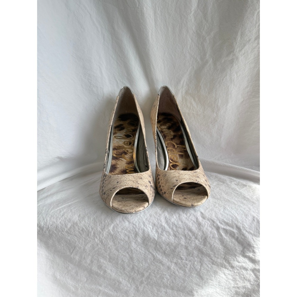 Sam Edelman Reagan Snakeskin Peep Toe Pumps Silver Stiletto Heels Beige 8.5M